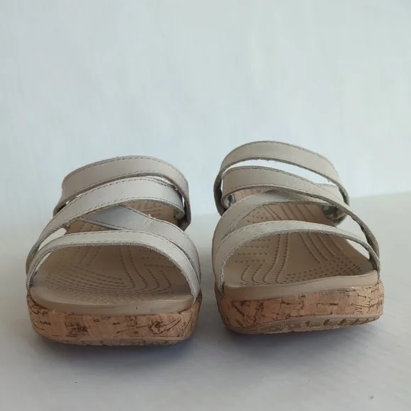 Crocs Open Toe Cork Wedge Strappy Slide Sandal 8 Creamy Beige Tan - Picture 14 of 16